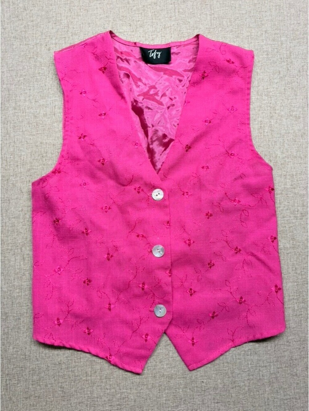 Toby Vintage Fuchsia Embroidered Vest Women's Small Floral Lined Y2K Cottagecore